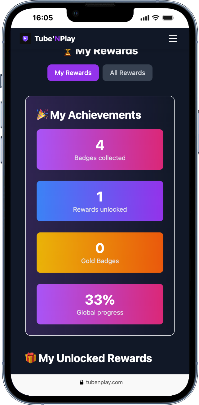 Vue badges Tube'NPlay